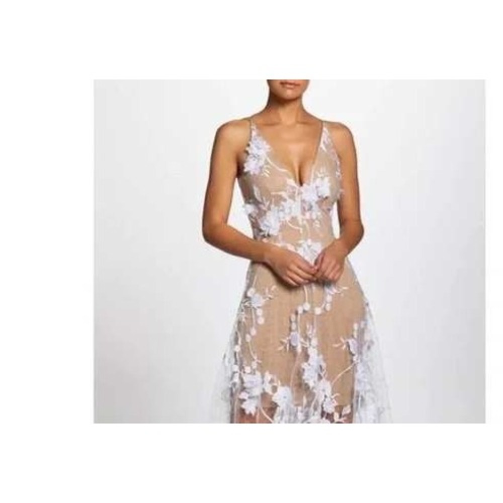 Dress the Population Audrey White Lace 3D Floral Mini‎ Dress Tan Lining Small